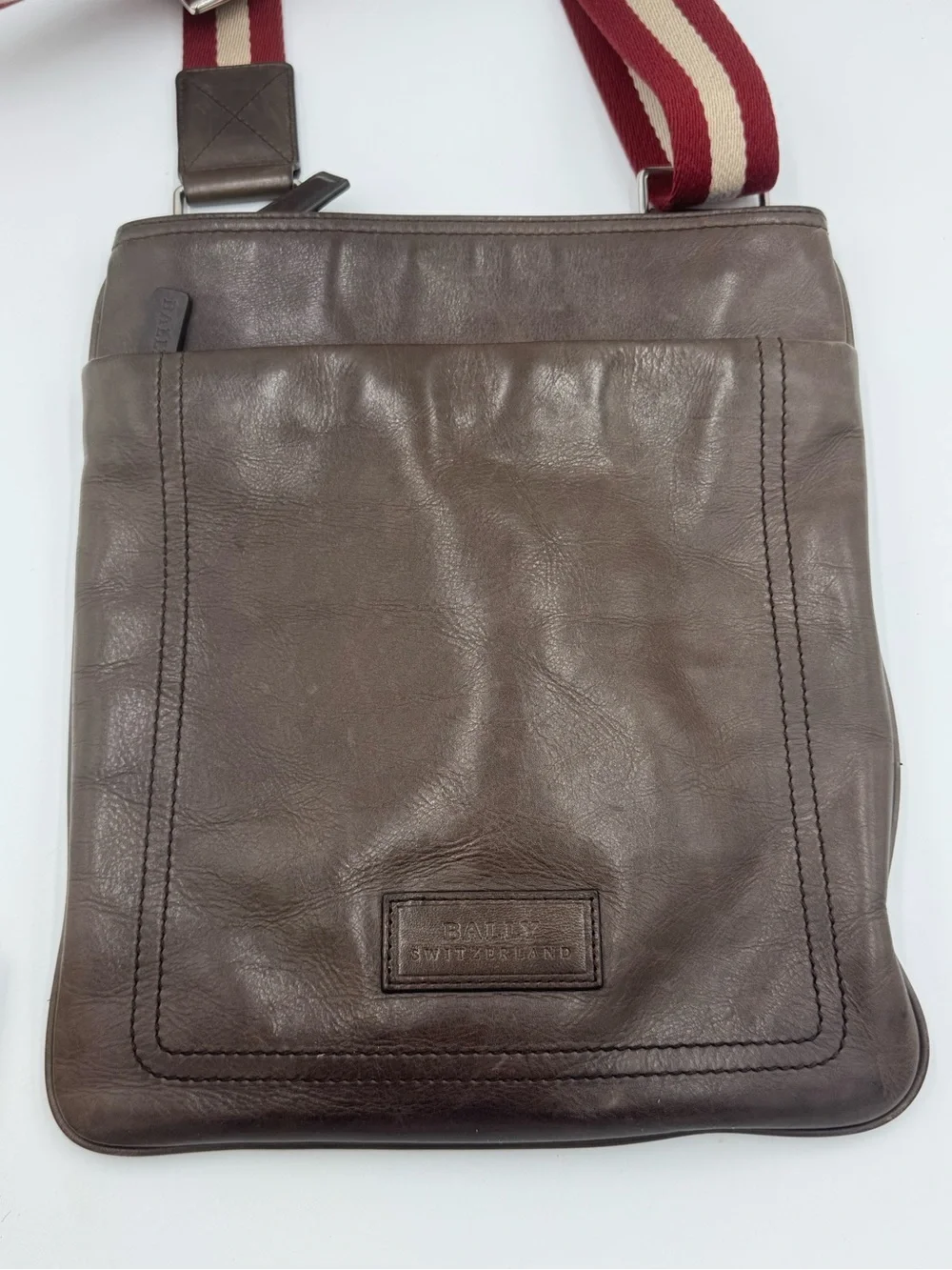 Bally Brown Smooth Leather Messenger with Red & Cream Striped Adjustable Strap
